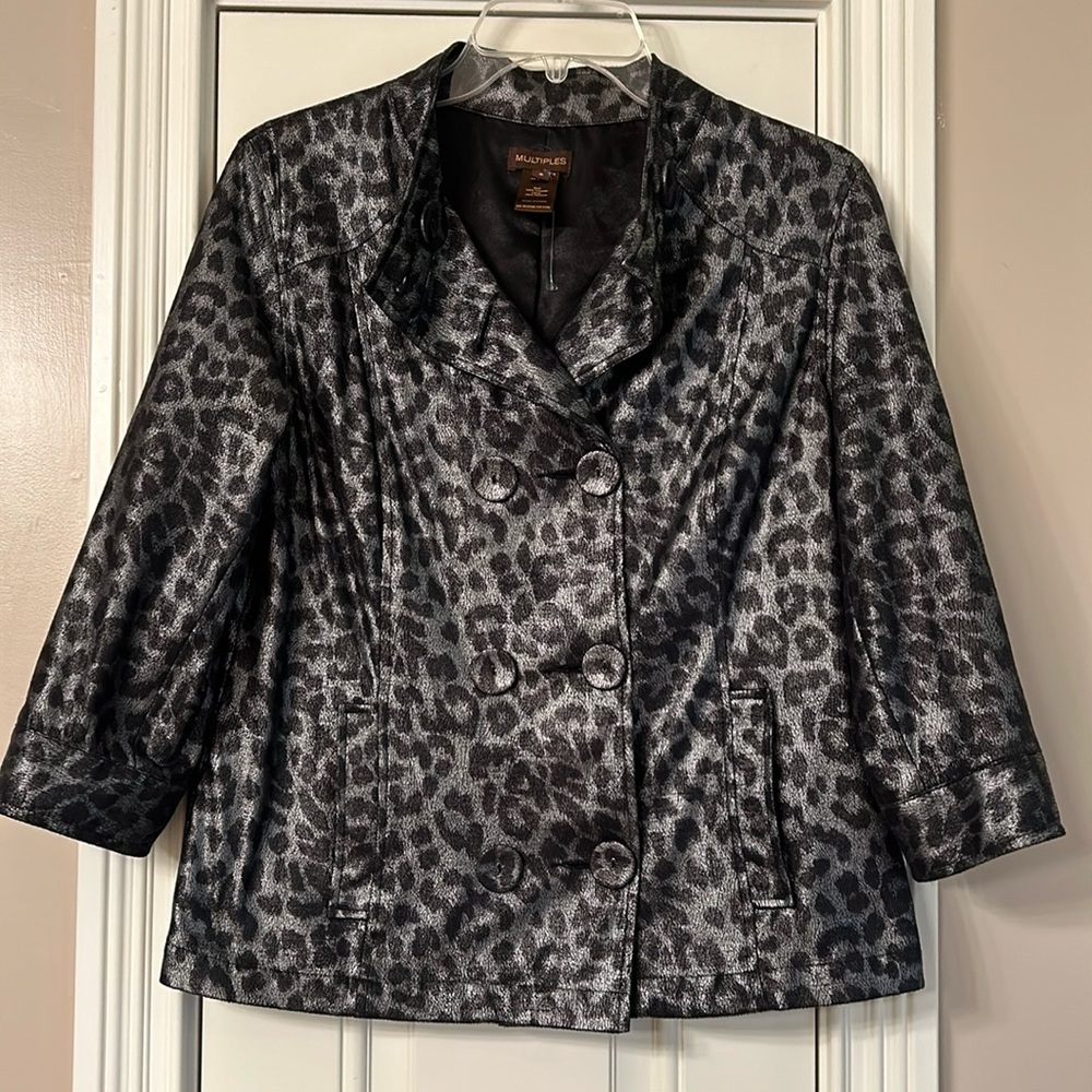 Multiples metallic pewter and black cheetah double breasted jacket- EUC Sz S